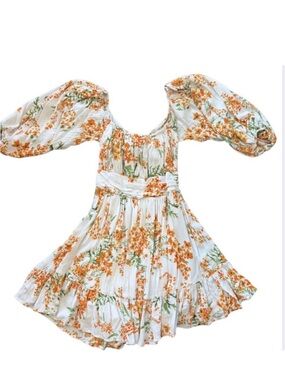 Hello Molly Floral Puff Sleeve Mini Dress Small Orange White Ruffle Cottagecore